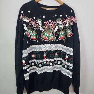 Festive Black Holiday Sweater with Bells and Bows Land And Sea Vintage Size Lg